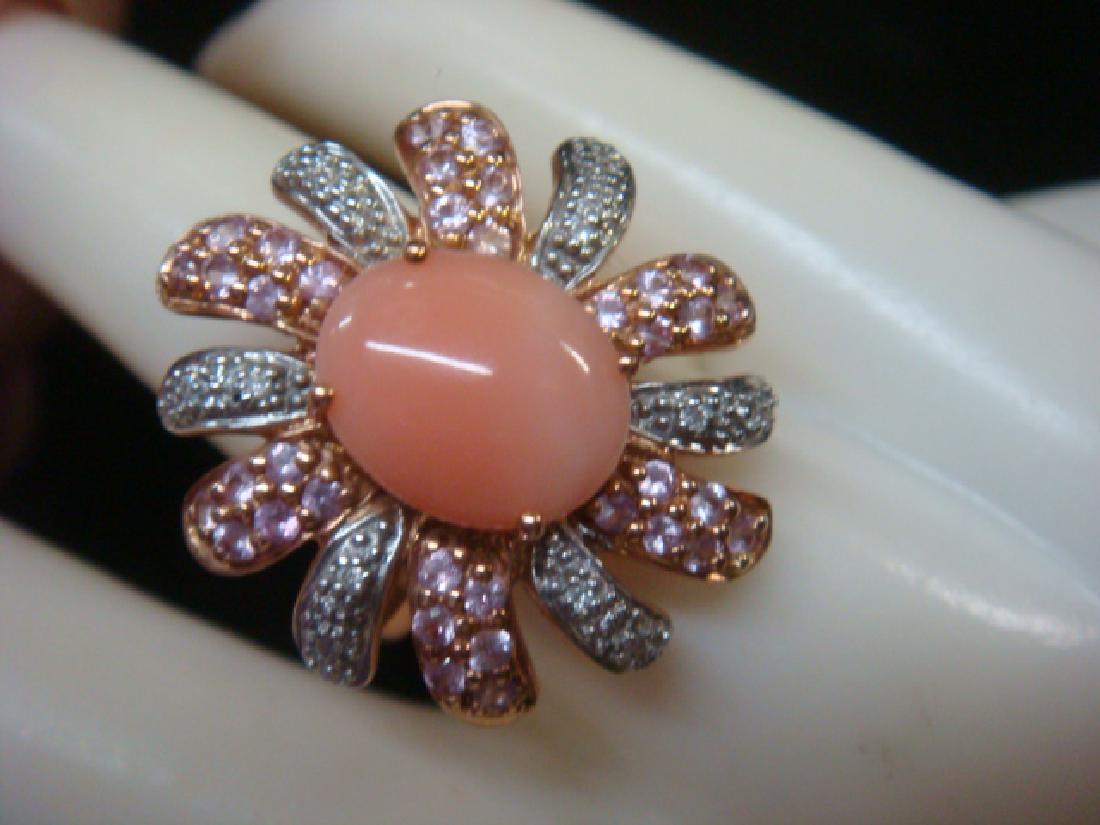 14 KT Ring, Pink Coral Center Stone & Diamond Petals: (1 of 3)