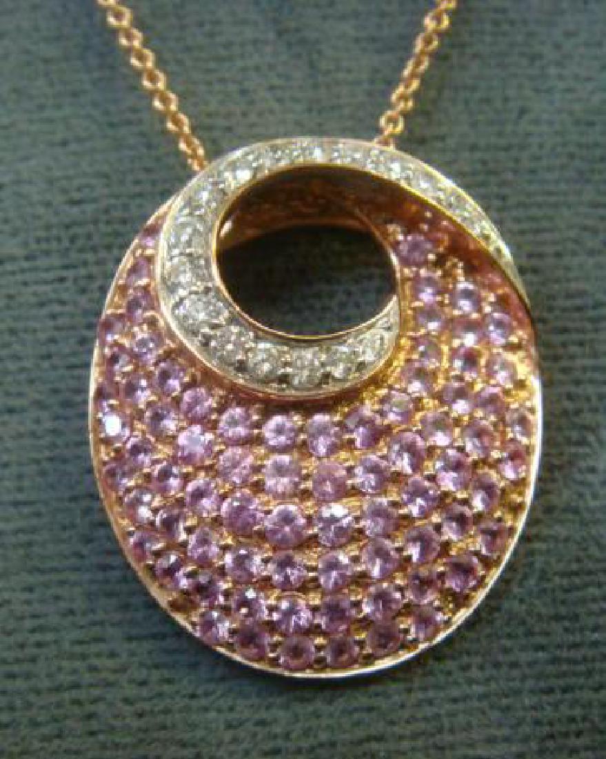 14 KT Gold Diamond & Sapphire Swirl Pendent on Chain: (1 of 3)