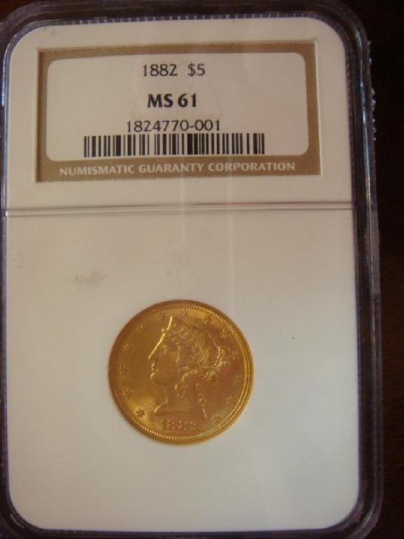 NGC Graded US 1882 $5 Gold Half Eagle, MS-61: (1 of 4)