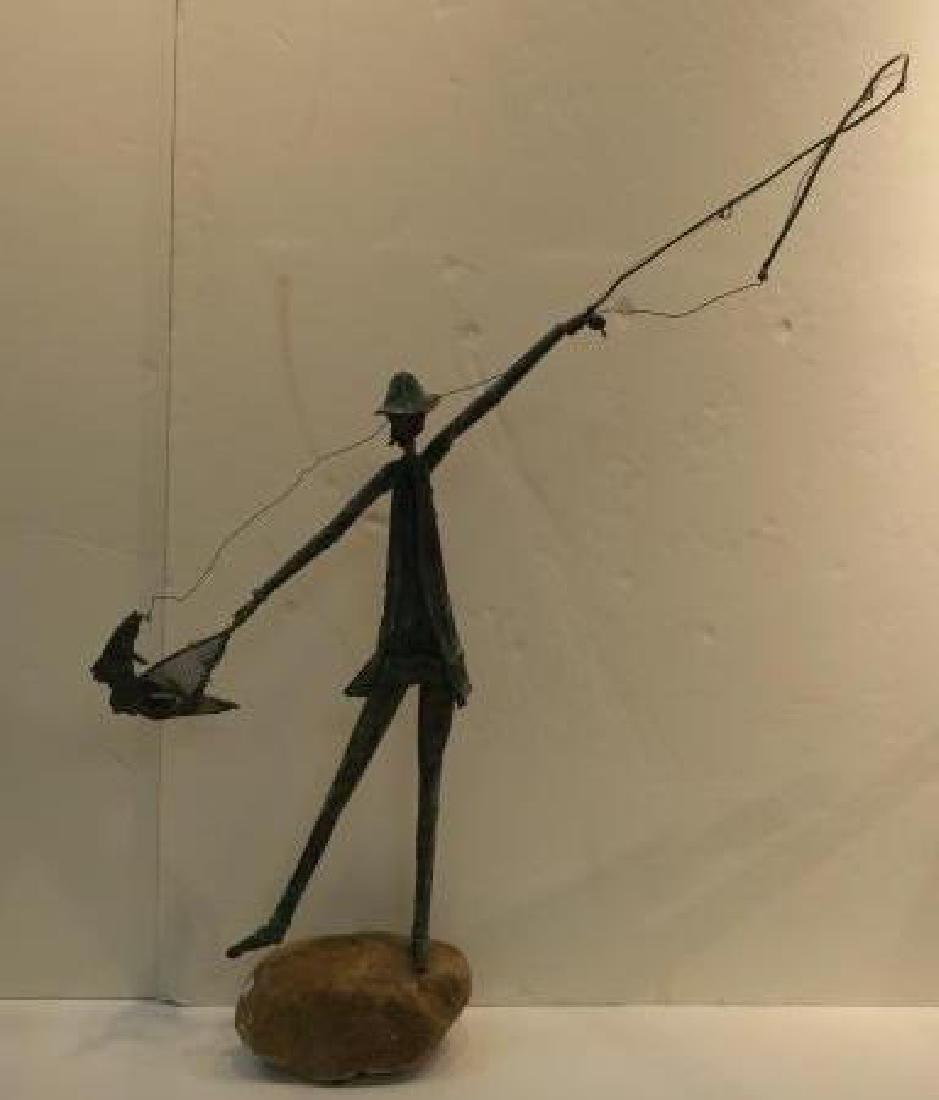 JIM LEWK Hand Made Fisherman Metal Statue:: JIM LEWK Hand Made Fisherman Metal Statue: Listed Miami Sculptor Working in Metal Since 1970. Welded Copper with Polychrome and Patina Finish. Base is Fossil Coral from Key Largo. Signed on Base. Cons