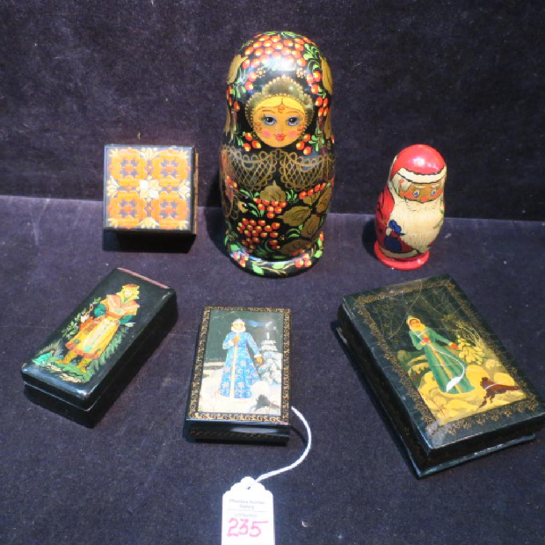 3 Russian Enamel Lacquer Boxes & Maiden Nesting Doll:: 3 Russian Enamel Lacquer Boxes & Maiden Nesting Doll: Three Hand painted Russian Lacquered Boxes with Wintry Maidens and Archer with Frog Prince. Maiden Matryoshka or Nesting Doll, Santa Claus Nesting