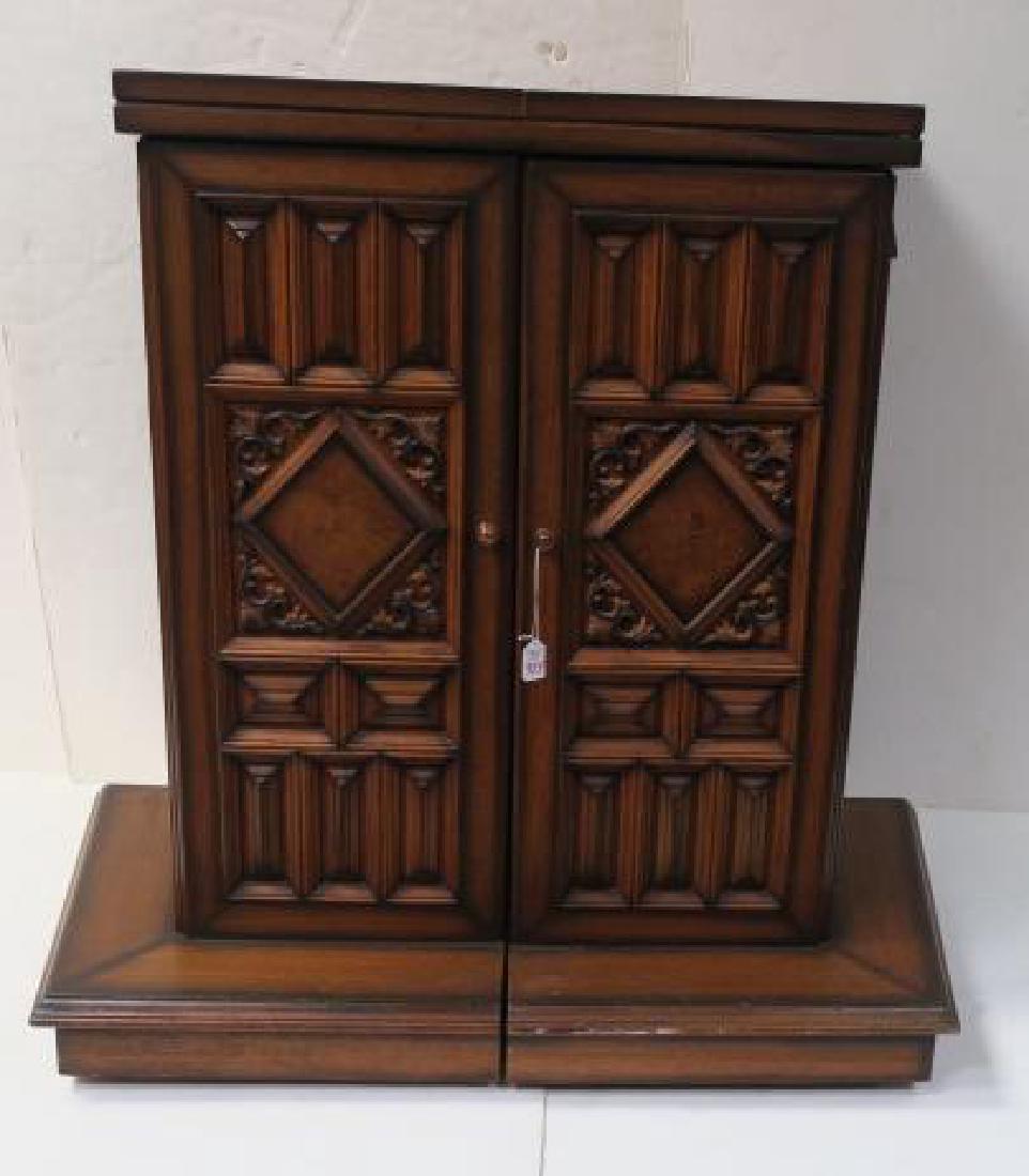 Tudor Style Bar with Fold Out Top, Hinged Sides:: Tudor Style Bar with Fold Out Top, Hinged Sides: Top Unfolds to White Marble panels and Cushioned Leather Front. Hinged Sides Support Top when Opened. Each Side has Glasses Racks, Drawers for Barware,