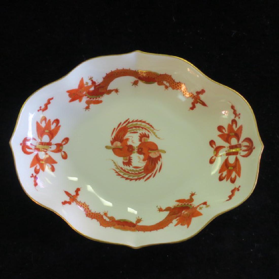 MEISSEN Dragon & Phoenix Candy Dish:: MEISSEN Dragon & Phoenix Candy Dish: Crossed Sword Mark with Dot Between Tips Used 1924-1934. Dish Decorated in Red with Gilt Accents. Dragons on Side of Fighting Phoenix in Center. 7 1/8" X 5 5/8". (