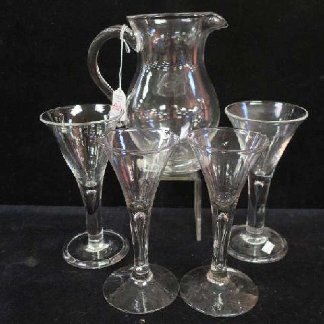 ROYAL LEERDAM/FOREIGN ADVISORY Crystal Stems, Jug:: ROYAL LEERDAM/FOREIGN ADVISORY Crystal Stems, Jug: Made for Colonial Williamsburg Restoration in Holland. Reproduced From 18thC English Design. Teardrop Pattern, 2 Water, Red/White Wine and Sherry Plu