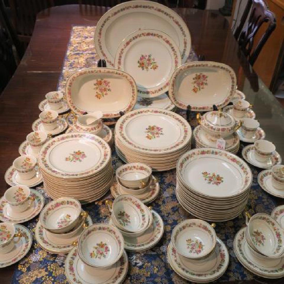 Set of BAYNAUD & CO. Limoges Dinnerware for Twelve:: Set of BAYNAUD & CO. Limoges Dinnerware for Twelve: 101 PC. Floral Ring on Rim, Floral Center, Gold Rims. CA 1947-. 12 Each Dinner, Salad and Bread Plates, Soup Bowls, Cups, Saucers, Demilune Cups, Sa