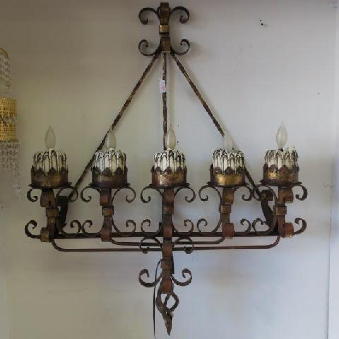 Gothic Sconce with Five Lights on Iron Scrolled Frame:: Gothic Sconce with Five Lights on Iron Scrolled Frame: Piece is 36"W and 42" Across. Iron is Red with Gilding. Curled Top Holds 3 Twisted Arms for Support. Ends in a Curled Finial. (200-400)