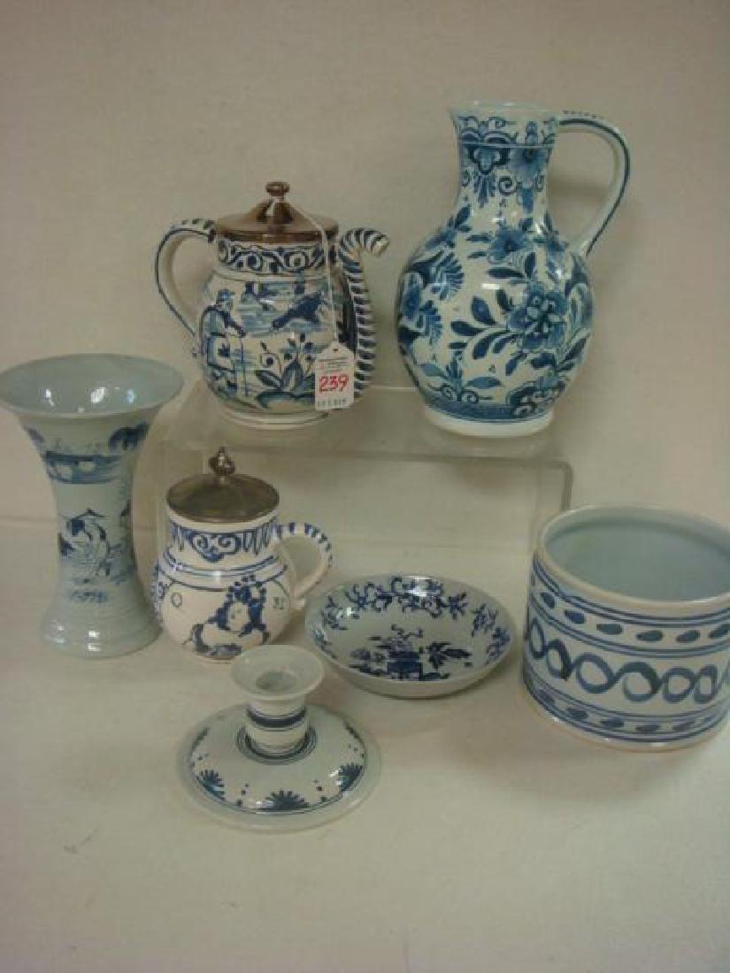 Williamsburg Restoration & Other Blue, White Pottery:: Williamsburg Restoration & Other Blue, White Pottery: Delft Pieces are 6"T Spout Cup with Lid, 7"T Flared Top Vase, 2 1/2"T Candlestick, 8 1/4"T Pitcher, 4"T Bell Shape Mug with Lid. Copeland Spode "B