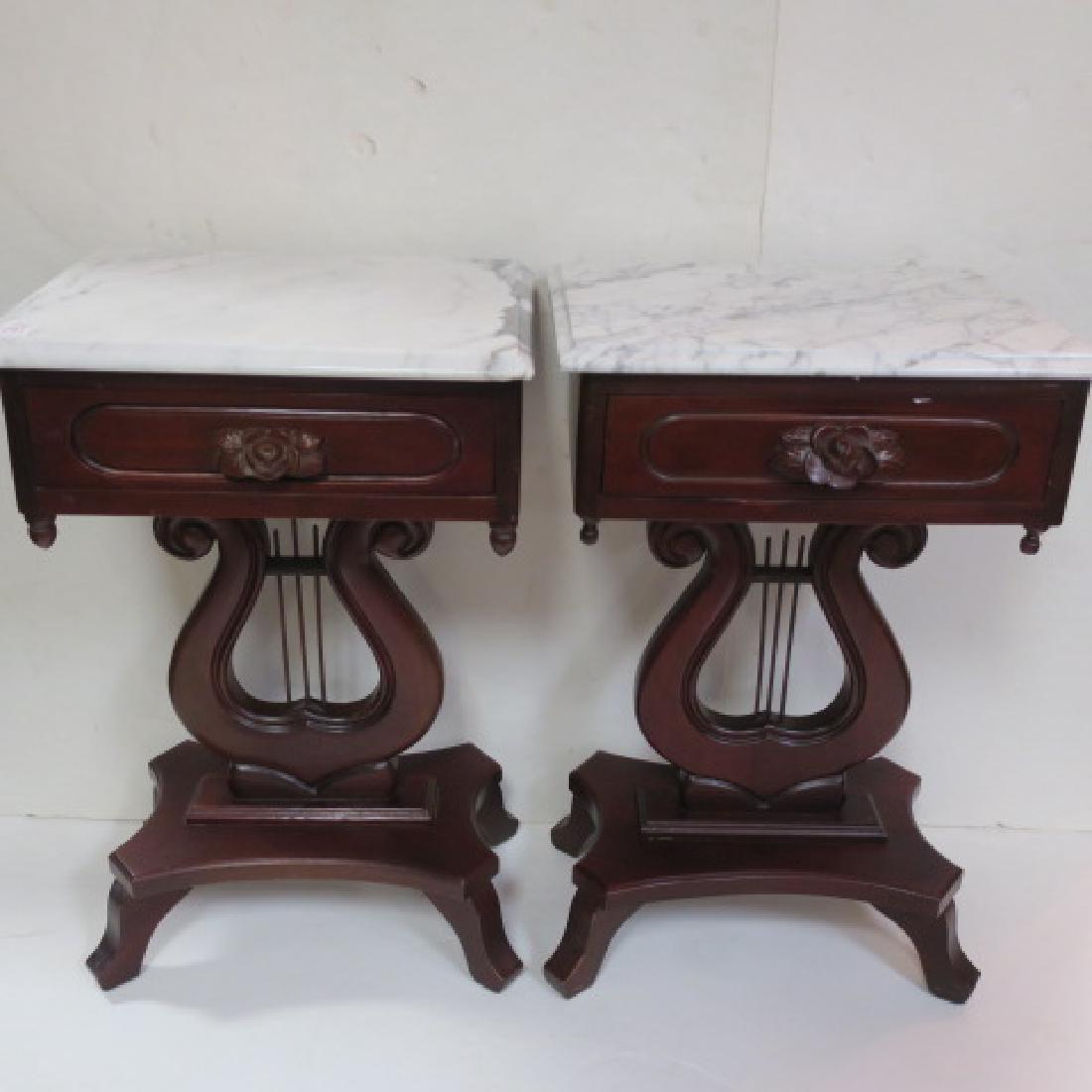 Pair of Marble Top Mahogany Lyre Base End Tables