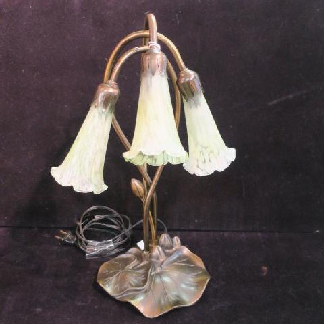Three Light Lily Lamp:: Three Light Lily Lamp: Bronzed Metal Lily Pad Base with 3 Curving Stems Holding Three Mottled Green and White Glass Shades. 15 1/5"T. (100-300)