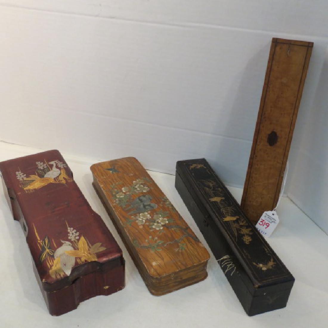 Four Rectangular Wooden Boxes, One with Fan:: Four Rectangular Wooden Boxes, One with Fan: Black Lacquer Box with Gold Figures on Lid Opens to Fitted Interior Holding Stitched Fan. Hand painted Bird and Florals Inside Lid. Birdseye Maple Bos with