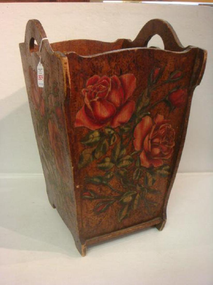 Antique Hand Made Waste Basket with Open Handles:: Antique Hand Made Waste Basket with Open Handles: Marked V.N. McCacher Feb. '48 on Bottom. Hand Colored Roses on Four Sides with Chipped and Stained Background Using Gouger, V Tools and Awls. Some Dam