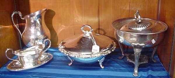 4 Silver Plate Serving Pieces: 4 Silver Plate Serving Pieces: Includes Rogers 9"T Water Pitcher with Ice Lip, International Silver Camille Sauce Boat, Tri Footed Oneida Covered 10 1/2"D Bowl with Lid, Sheridan Chafing Dish Stand wi