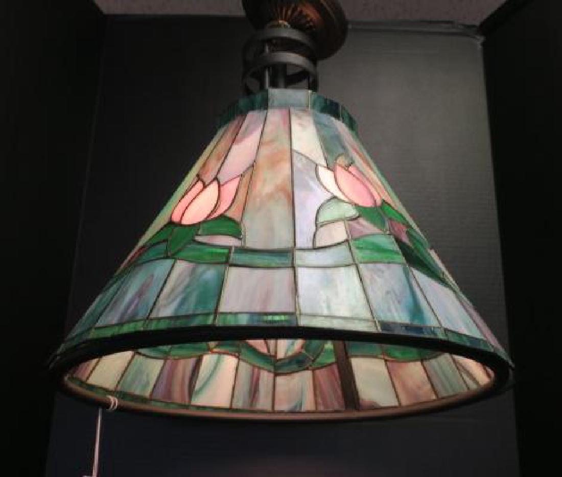 Cone Shaped Leaded Glass Hanging Shade:: Cone Shaped Leaded Glass Hanging Shade: Ribs of Shades of Green and Rose Surrounded by Tulips having Deep Green Foliage. Green Band At Top and Lower Edge. Bottom Diameter is 16", 16"T Including Frame.