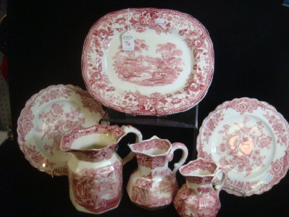 Six Pieces of English Red Transferware; Mason's +:: Six Pieces of English Red Transferware; Mason's +: Three Graduated Mason's "VISTA" Pitchers, Two Crown Ducal Red Bristol 8 3/4" English Staffordshire Plates, and One Clarice Cliff "Tonquin" Royal Staf