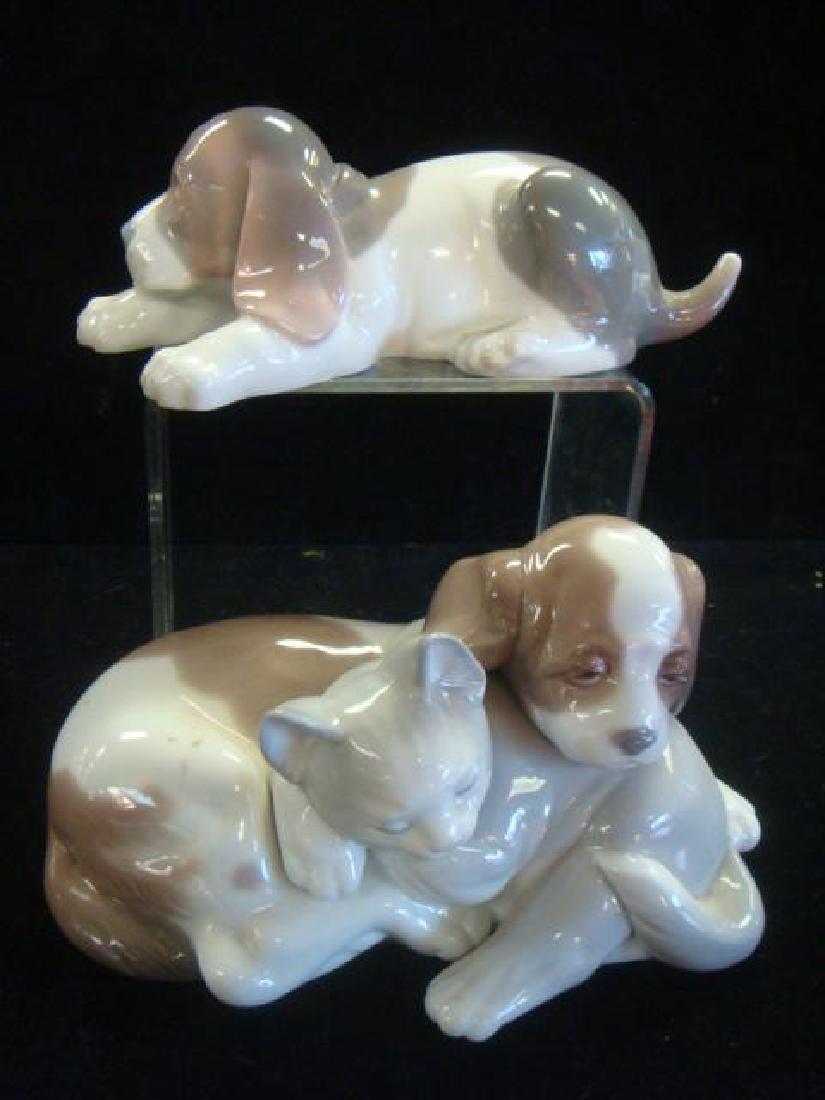 2 pc. LLADRO Beagle Puppy & Bosom Buddies Figurines:: 2 pc. LLADRO Beagle Puppy & Bosom Buddies Figurines: Both with Glossy Finish, Dog and Kitten #6599, 6 1/2"W X 3 3/4"T. Retired 2003-Curled up & Cozy. Sleepy Puppy #1072-6 3/4" Long, Retired in 1991. B