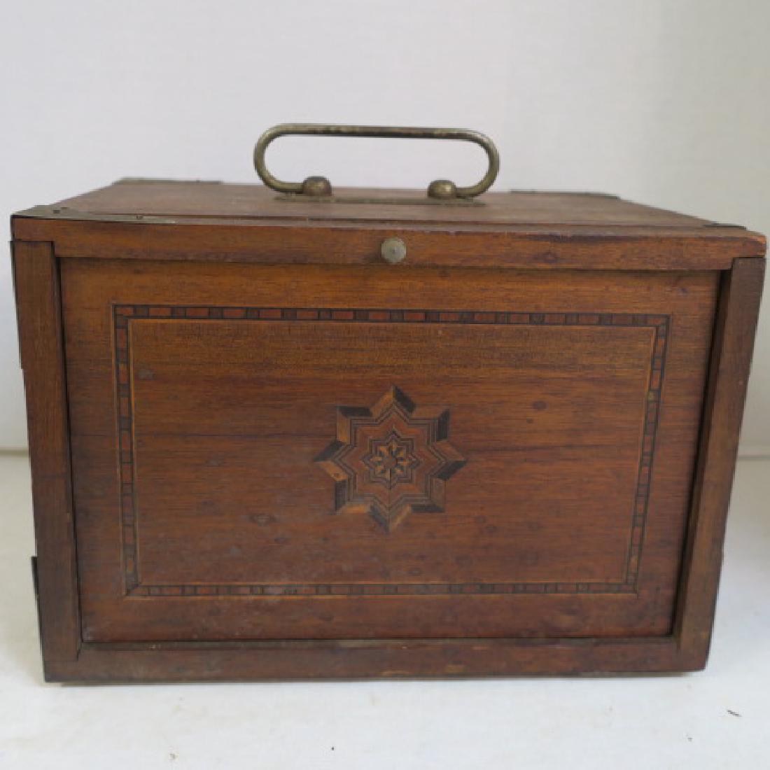 Mahjong Set in Wooden Storage Cabinet:: Mahjong Set in Wooden Storage Cabinet: Marquetry Decorated Front Slides Up to Reveal 4 Drawers with 36 Bone and Bamboo Tiles in Each Drawer. 5th Drawer Contains Sticks and Dice. Decorative Brass Corne