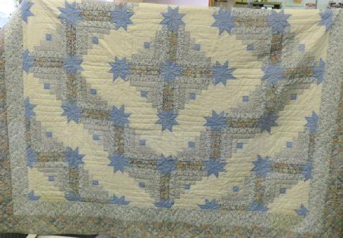 Handstitched Quilt with Star Flower Pattern:: Handstitched Quilt with Star Flower Pattern: Multi-Colored Star Flowers on Front on Cream Ground. Sold White Reverse. Double Floral Border. 83" x 86". No Rips, Tears, or Staining. (100-200)