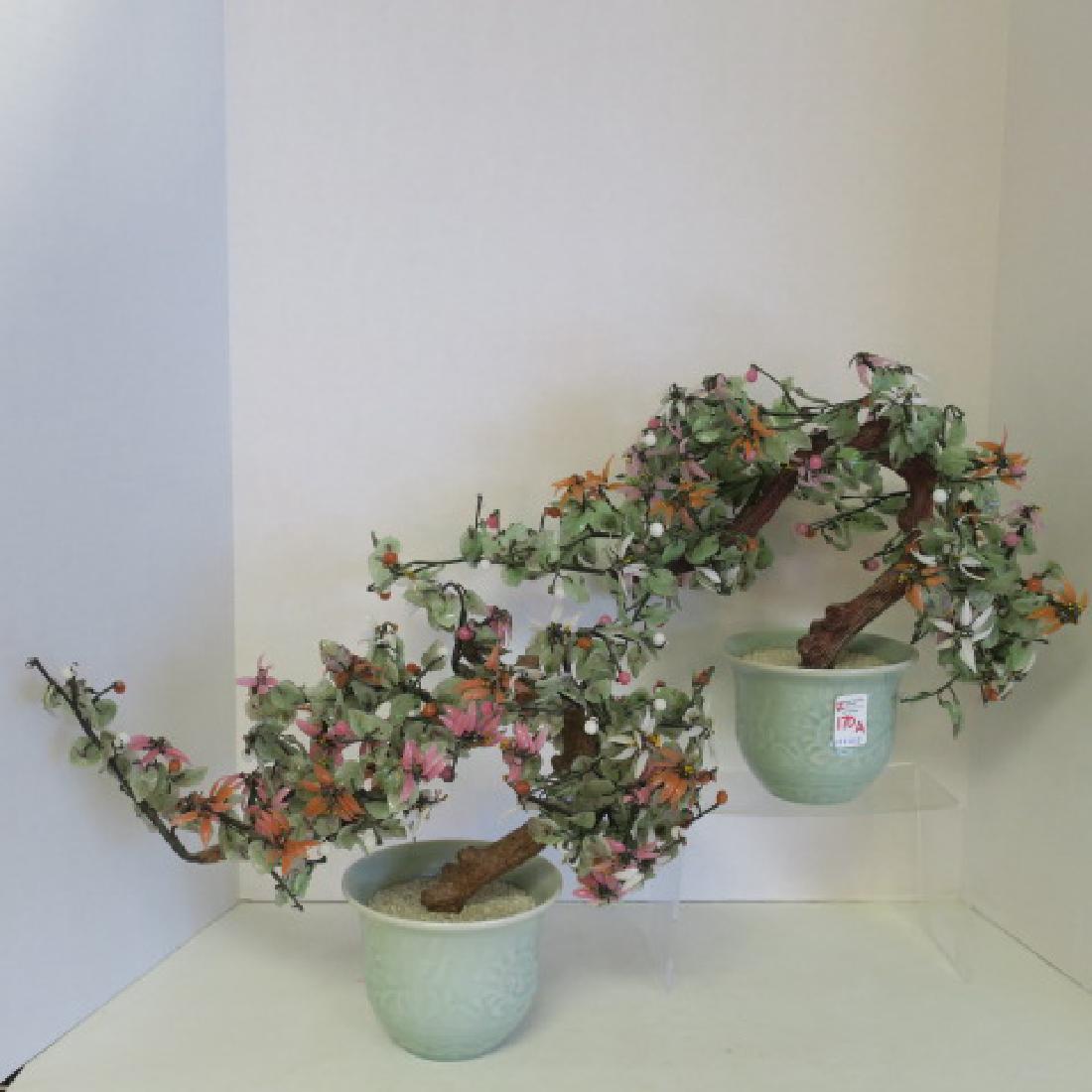 Pair of Oriental Glass/Stone Flowering Bonsai Trees:: Pair of Oriental Glass/Stone Flowering Bonsai Trees: Each Petal and Leaf Being Hand Shaped. Jade, Agate, Onyx & Quartz are Attached with Wire. Composition Trunk Can be Bent to Achieve the Perfect Ikeb