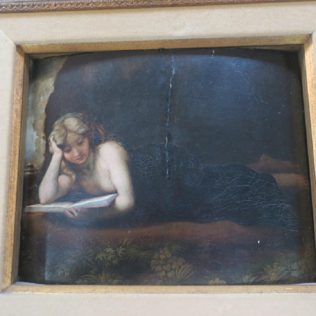 RECLINING MAGDALENE, CA 1600, Oil on Board: RECLINING: RECLINING MAGDALENE, CA 1600, Oil on Board: 17th Century Copy of Original in Pitti Palace in Florence. Traditional Painting of the Mary Magdalene with Jar of Ointment, Bare Breasted, Long Hair Undone,