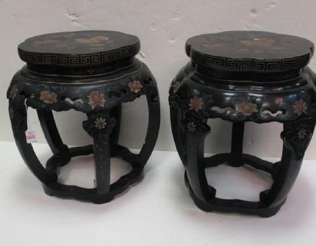 Pair of Black Lacquer Asian Drum Stools:: Pair of Black Lacquer Asian Drum Stools: Squat Form Based on Ancient Chinese Drum. Scalloped Edge Top, Greek Key Edge and Pierced Apron, 4 Carved Bowed Legs. Hand painted Carved Pink Florals and Birds
