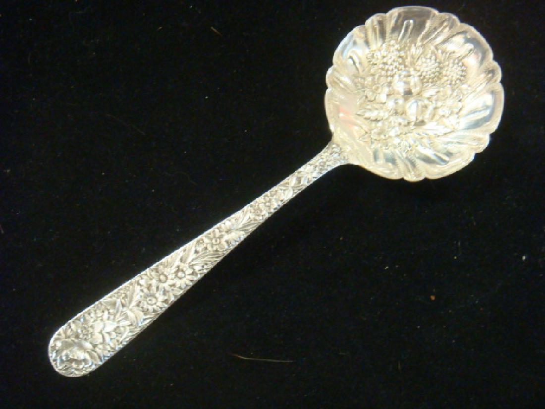 S. Kirk & Son "Repousse" Sterling Silver Berry Spoon:: S. Kirk & Son "Repousse" Sterling Silver Berry Spoon: Large Solid Shell Berry/Casserole Spoon has Crimped Edge. 9 1/8"L. 4.1 oz. (130-230)