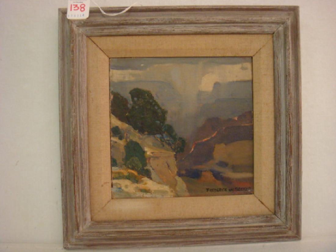 Oil on Canvas, Rain Over Canyon, by FREDERICK BECKER:: Oil on Canvas, Rain Over Canyon, by FREDERICK BECKER: Signed LR. Listed WPA Itinerate Artist Active on Both East and West Coasts.(1888-1974) A Green Brown Palette with Rain Shower Emerging From Center