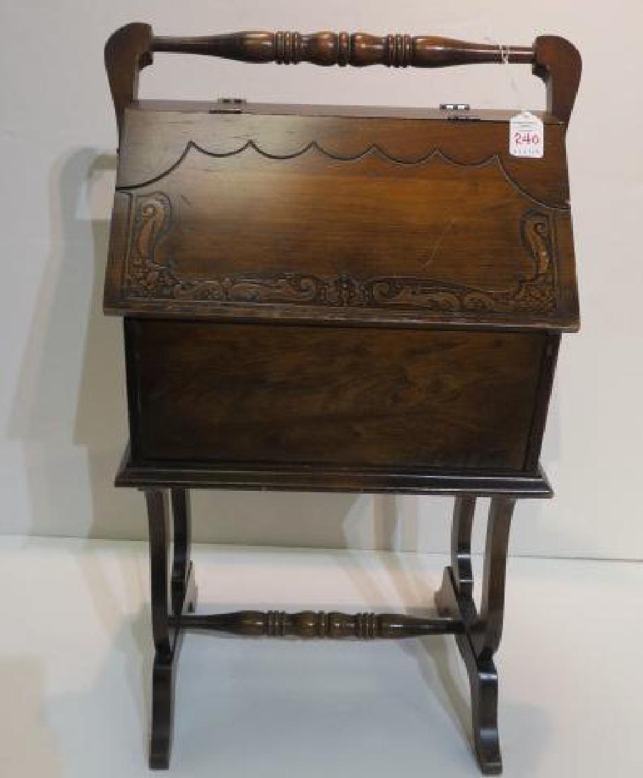 Vintage Floor Standing Sewing Box:: Vintage Floor Standing Sewing Box: Double Hinged Flip Top opens to Storage Bin with Slide Tray for Needles, Bobbins etc. Harp Shaped Legs on Trestle Foot. Stretcher Bar & Handle both Turned. Each Lid 