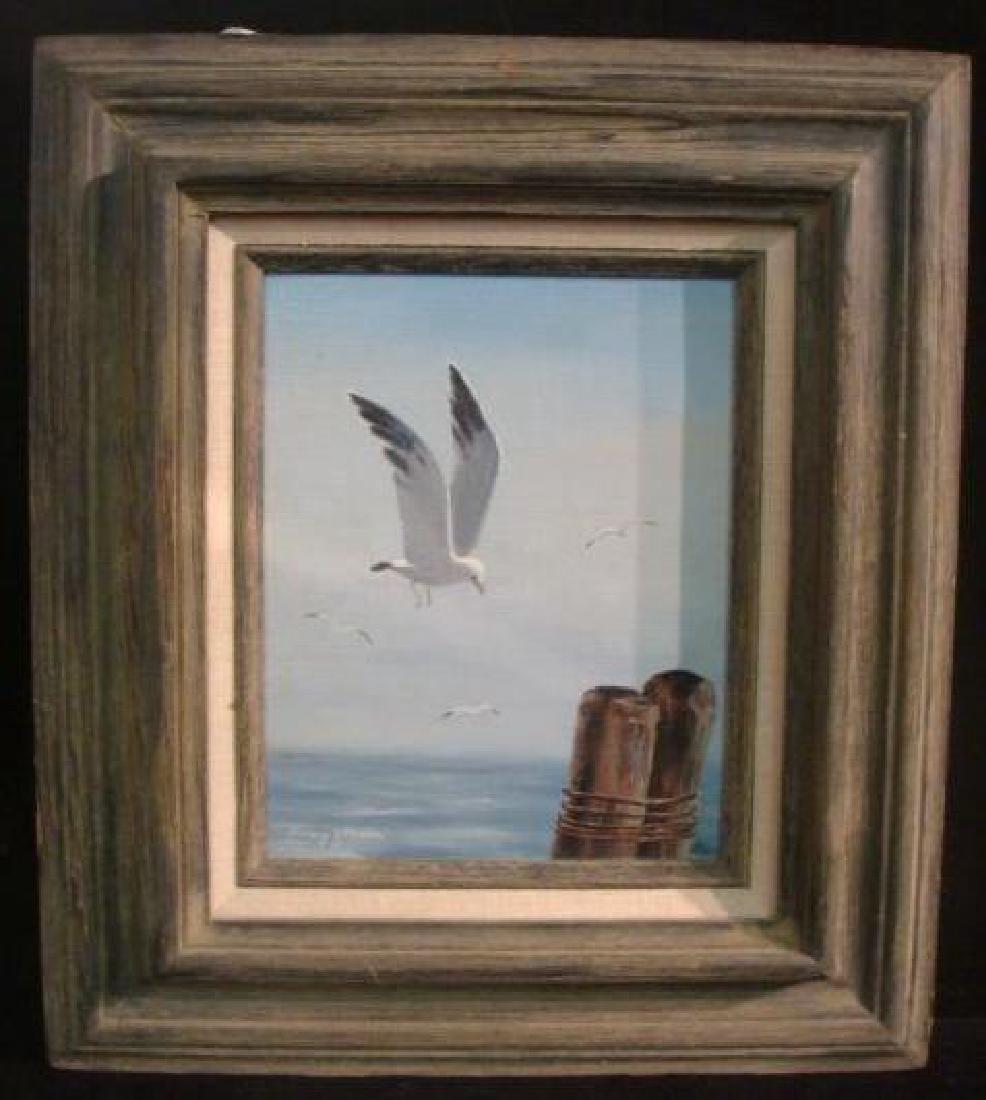 Seagull Acrylic On Canvas Signed NANCY ZITTRAIN:: Seagull Acrylic On Canvas Signed NANCY ZITTRAIN: Living VA/NC Artist Whose Focus is Coastal Seascapes. View of Gull and Pier Post Surrounded by Blue Sky and Water. 8" X 10" Image in 4" Wood Frame with