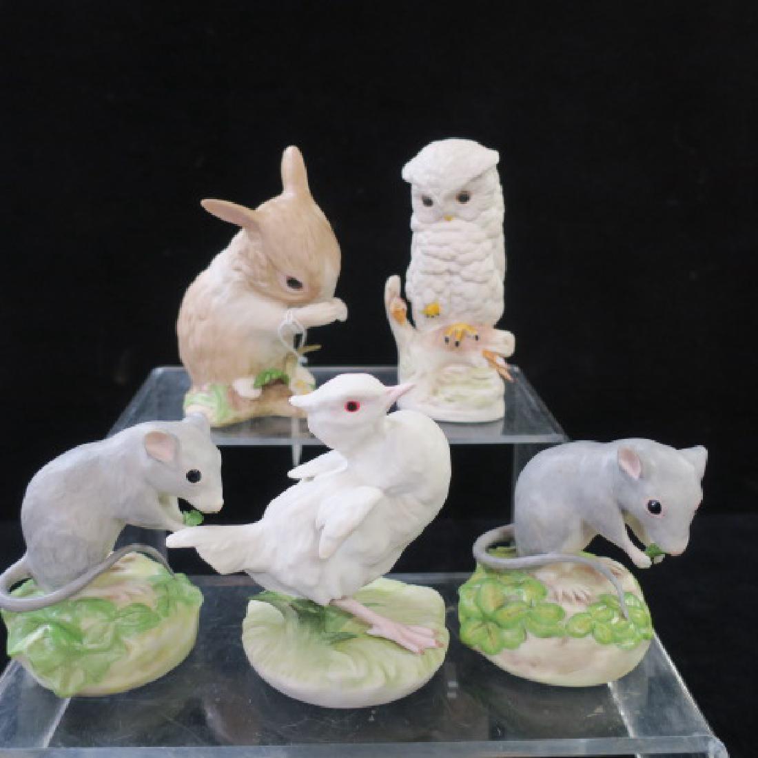 Five CYBIS Porcelain Animal Figurines:: Five CYBIS Porcelain Animal Figurines: Two Deer Mouse Figurines Eating Leaves CA 1970 are 4 1/2"T. Bunny with Flowers is 4 1/2"T. "Duckling Baby Brother" is 4"T. Baby White Owl on Branch is 4 1/4"T. A