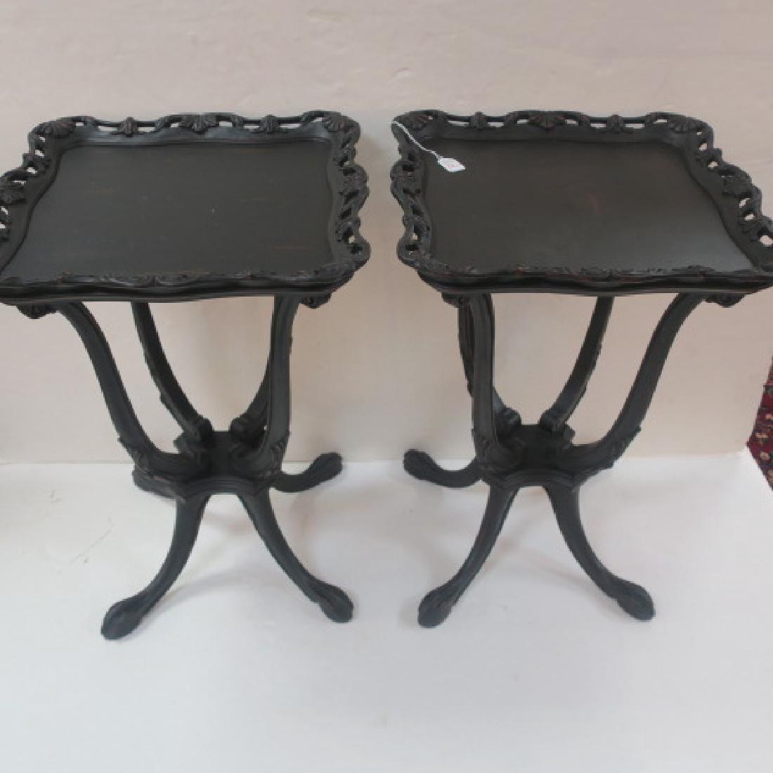 Pair of Vintage Mahogany Lamp Tables:: Pair of Vintage Mahogany Lamp Tables: Squared Top with Lobed Corners and Floral Swag Pierced Gallery. The Slightly "S" Curved Supporting Legs with Carved Acanthus Leaves. Spayed Legs end in Talon Feet
