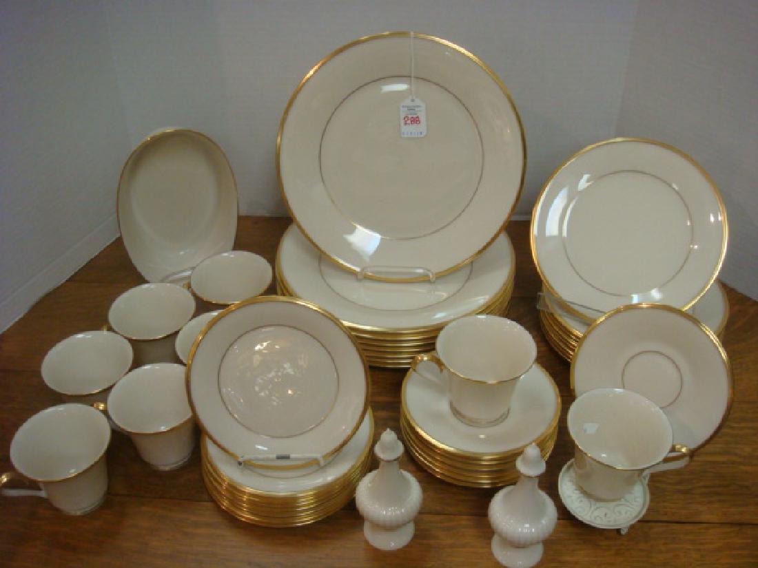 LENOX "Eternal" Dinnerware Service for Eight:: LENOX "Eternal" Dinnerware Service for Eight: Set Consists of 8 Dinner Plates, 8 Bread Plates, 8 Dessert Plates, 8 cups, 8 Saucers, Salt, Pepper. Cream Ground with Gold Outer Rim and Inner Rim. Made i