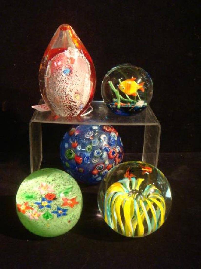 Five Large Glass Nautical & Sea life Paperweights:: Five Large Glass Nautical & Sea life Paperweights: large egg Shaped with Fish, Globes with Anemone, Sunfish and Starfish. Purple Millifore Globe. (100-200)