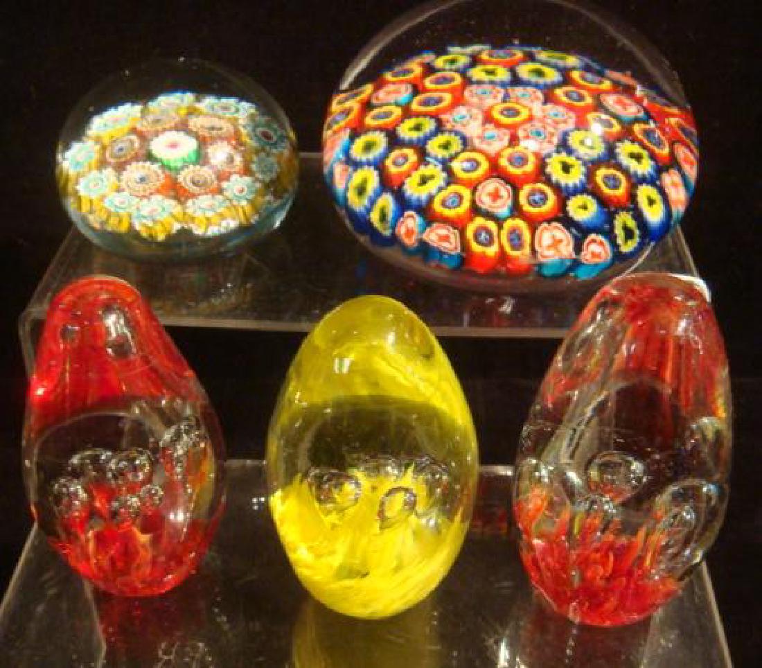 Five Paperweights: Five Paperweights Three Egg Shaped, Clear with Pink, Yellow and Red Inserts. A Large and Small Millifore Crowns. (100-200)