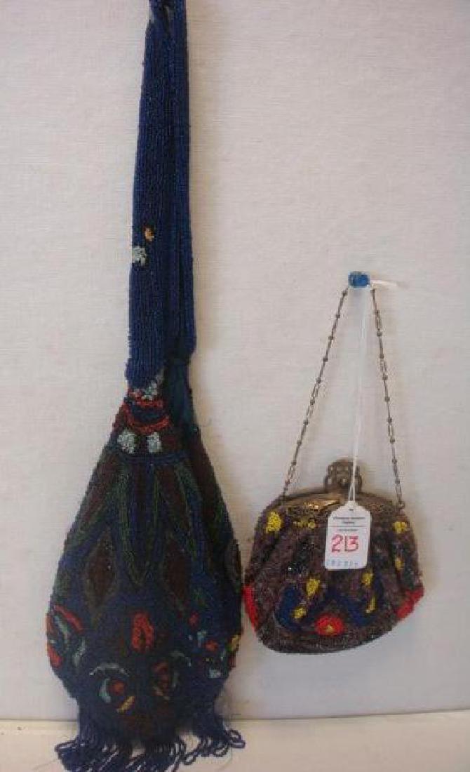 Glass Bead Sac Purse and Chatelaine Bags:: Glass Bead Sac Purse and Chatelaine Bags: Art Nouveau Cobalt with Various Colored Accents, Satin Liner, Beaded Strap, Handcrafter Fringe, 9"L with 20" Strap. Circa 1900 Purse with Antique Brass Tone F