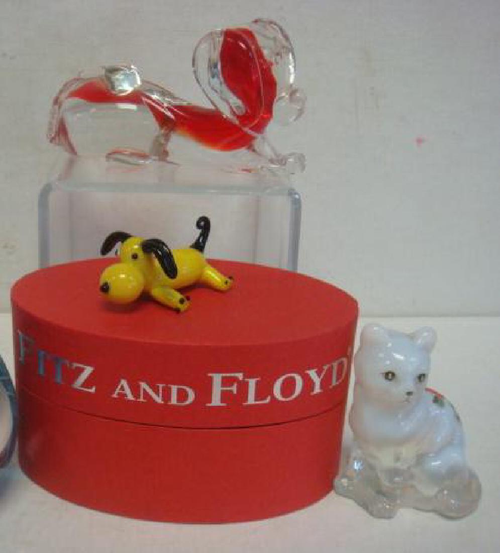 FITZ & FLOYD, FENTON and Other Glass Paperweights:: FITZ & FLOYD, FENTON and Two Other Glass Paperweights: Fitz & Floyd Quincy Yellow Dog From Glass Menagerie Collection with Original Box. Fenton 1980's Opalescent Cat, Hand painted and Signed. Blue Swi