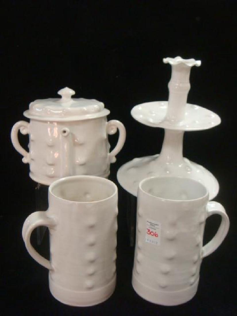 Four Replica Pieces of London Southwark Delft: Four Replica Pieces of London Southwark Delft Pottery: 7" Cylindrical Mugs with Vertical Bands of Relief Prunts (Blobs) or Boss (Knob) Ornamentation. Candlestick has Cylindrical Fluted Nozzle with Spr