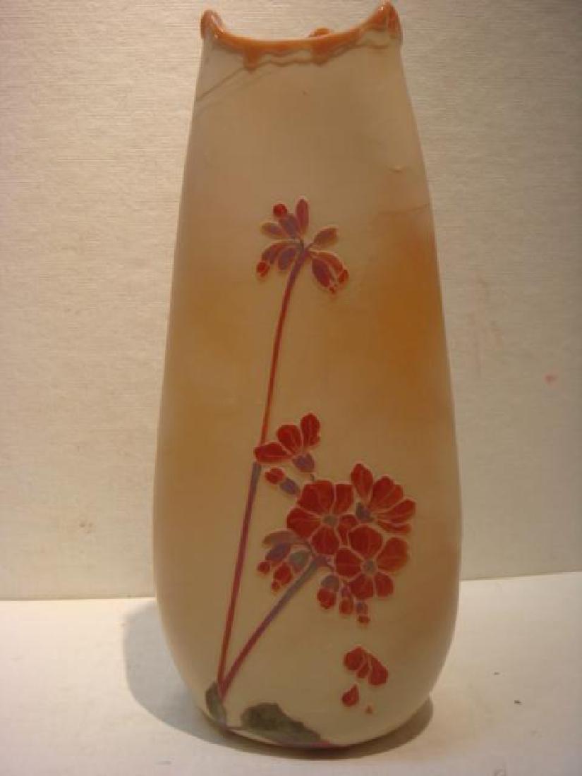 LAGRAS Cameo Glass Vase:: LAGRAS Cameo Glass Vase: Founded in 1864 by Auguste Legras at St. Denis, France. Best Known for Cameo and Enamel-Decorated Glass with Art Nouveau Designs. Three Sided Vase with Multicolor Hydrangea an