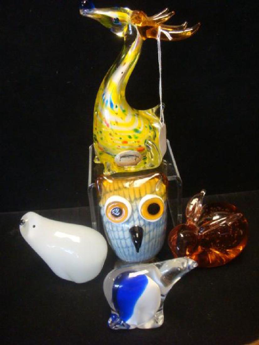 Five Glass Animal Paperweights:: Five Glass Animal Paperweights: Italian Yellow Deer with Spots is 7 3/4"T. Pink Rabbit with Controlled Bubbles is 3 1/4"T. Owl is 5"T, Opaque Polar Bear with Black Eyes, Nose and Clear, White and Blue