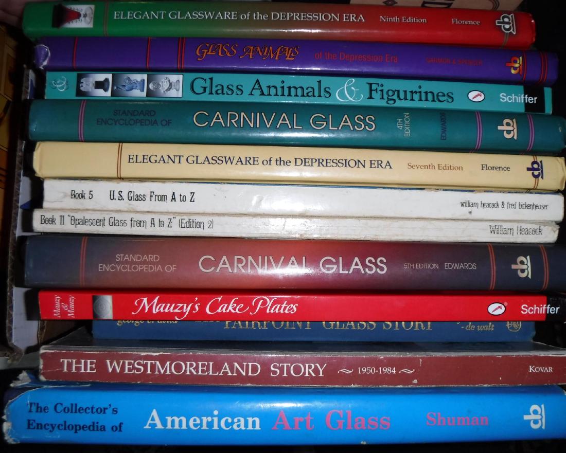 Twelve Collector Books on GLASSWARE:: Twelve Collector Books on GLASSWARE: Carnival, Cake Plates, American Art Glass, Westmoreland, Pairpoint, Animals & Figures, Depression Animal Figures. (100-200)