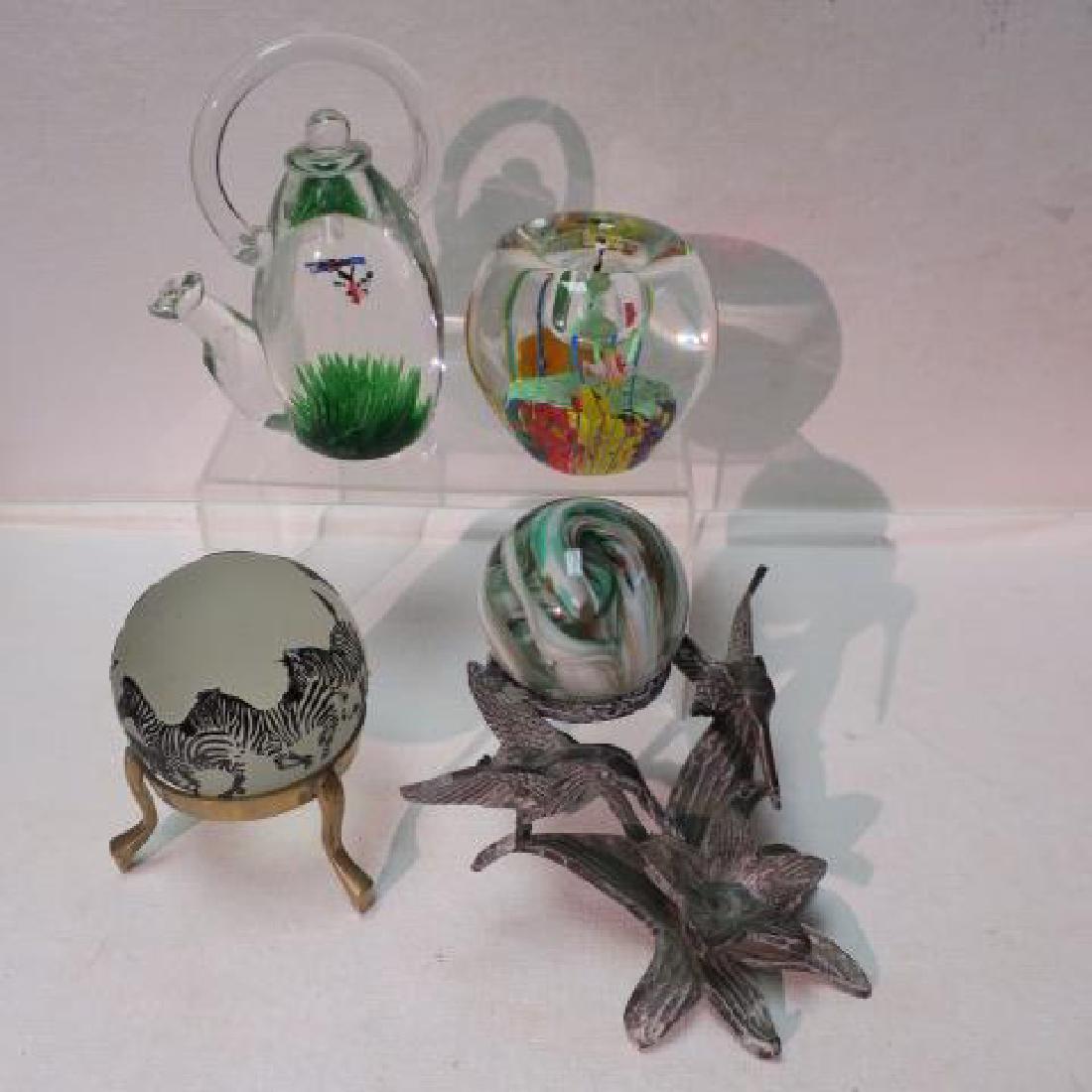 Four Special Art Glass Paperweights:: Four Special Art Glass Paperweights: 3" Frosted Globe with Running Zebras on Gilt Stand, Signed TOM, Verdigris Stand Hummingbirds with Green, White & Gold Swirl Globe, 6" Tea Pot with Pair of, Butterf