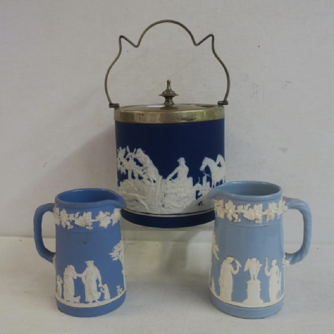 Adams Tunstall Jasperware Tobacco Jar & 2 Wedgwood: Adams Tunstall Jasperware Tobacco Jar & 2 Wedgwood Pitchers: (100-200)
