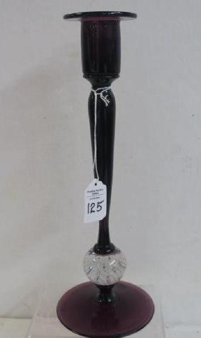 Pairpoint? Amethyst Glass Candlestick:: Pairpoint? Amethyst Glass Candlestick: Tall Shapely Candlestick with Clear Controlled Bubble Insert Near Round Foot. (40-80)