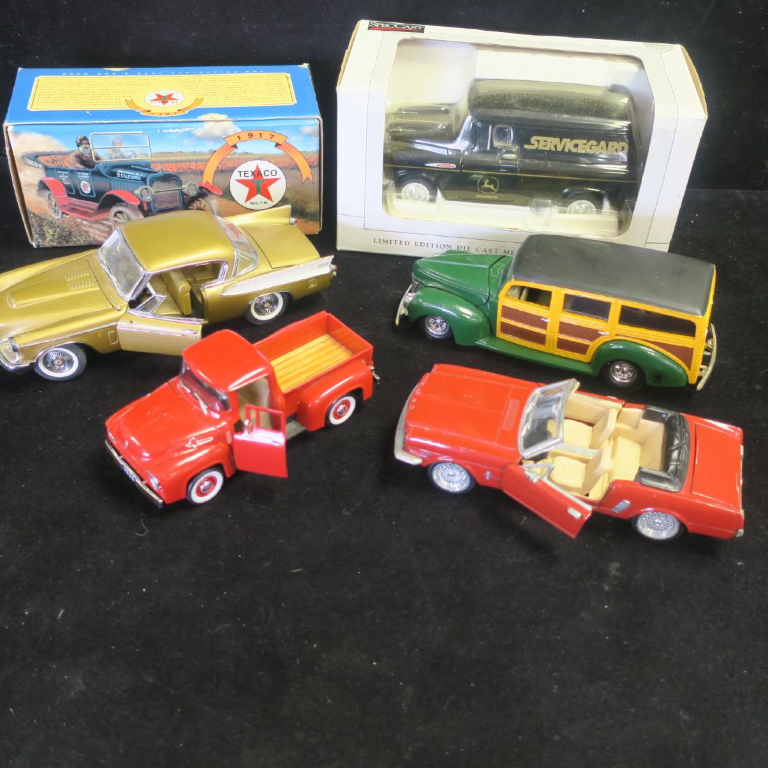 Six Die cast Metal Cars, 1/36 Approx. Scale: Six Die cast Metal Cars, 1/36 Approx. Scale 1964 1/2 FORD MUSTANG, 1957 STUDEBAKER GOLDEN HAWK, 40' FORD WOODY, 1956 FORD F100 PICKUP TRUCK, JOHN DEERE 1957 CHEVY PANEL TRUCK (NIB), TEXACO 1917 MAXWEL
