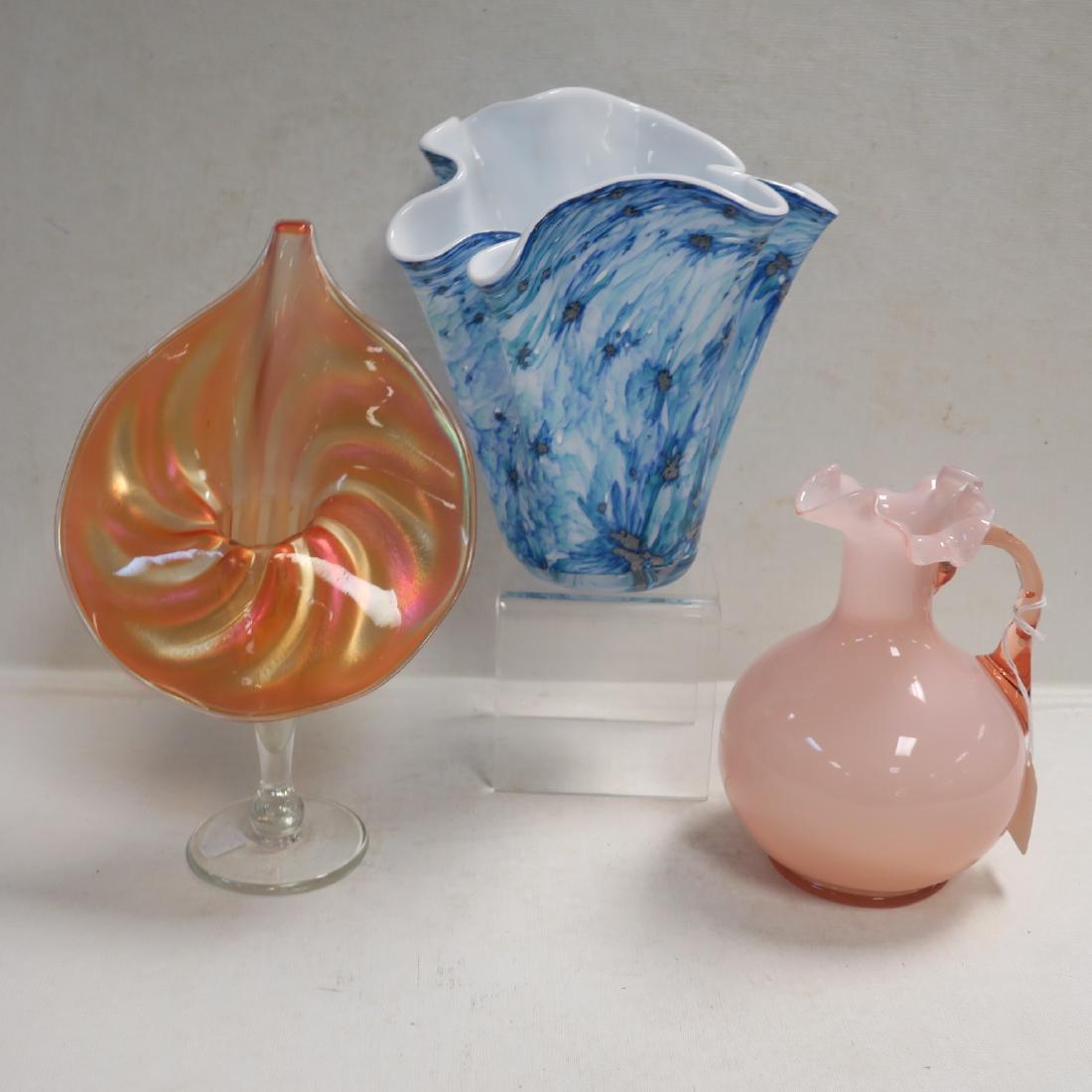 Jack in the Pulpit, Ruffle Pitcher, Handkerchief Vase:: Jack in the Pulpit, Ruffle Pitcher, Handkerchief Vase: Jack in the Pulpit Vase with Iridized Top. 10"T Signed Stu? on Clear Foot. Opaque Pink Pitcher with Ruffled Top and Applied Clear Pink Handle is 