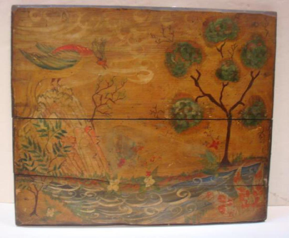 Folk Art Landscape Painting on Board:: Folk Art Landscape Painting on Board: Primitive Piece Done in Naive Style Disregarding Proportion and Perspective, in a Fantasy World. Illustration of Lake, Mountain, Poem Poem Tree and Huge Bird. 3 B