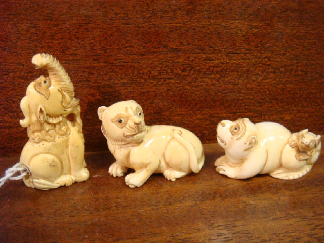 Three Animal Netsukes:: Three Animal Netsukes: Includes Sitting Lion with Elephant Head, Lion Cub and Monkey with Rat. All Signed. These Netsukes are only for Sale in the Commonwealth of Virginia and will NOT be sold Interst