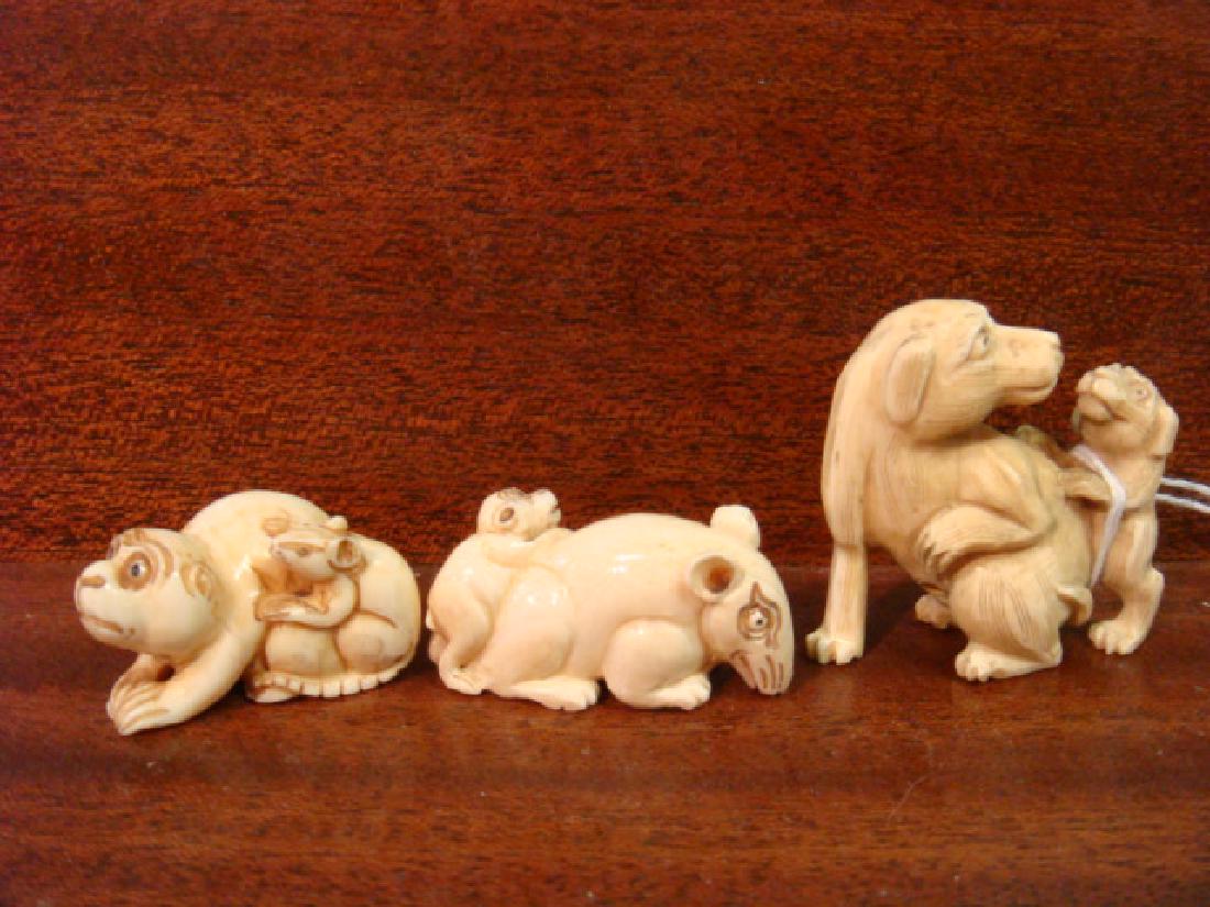 Three Animal Netsukes:: Three Animal Netsukes: Includes Unsigned Dog with Pup, Loris with Rat and Rat with Loris. Both Signed. These Netsukes are only for Sale in the Commonwealth of Virginia and will NOT be sold Interstate 