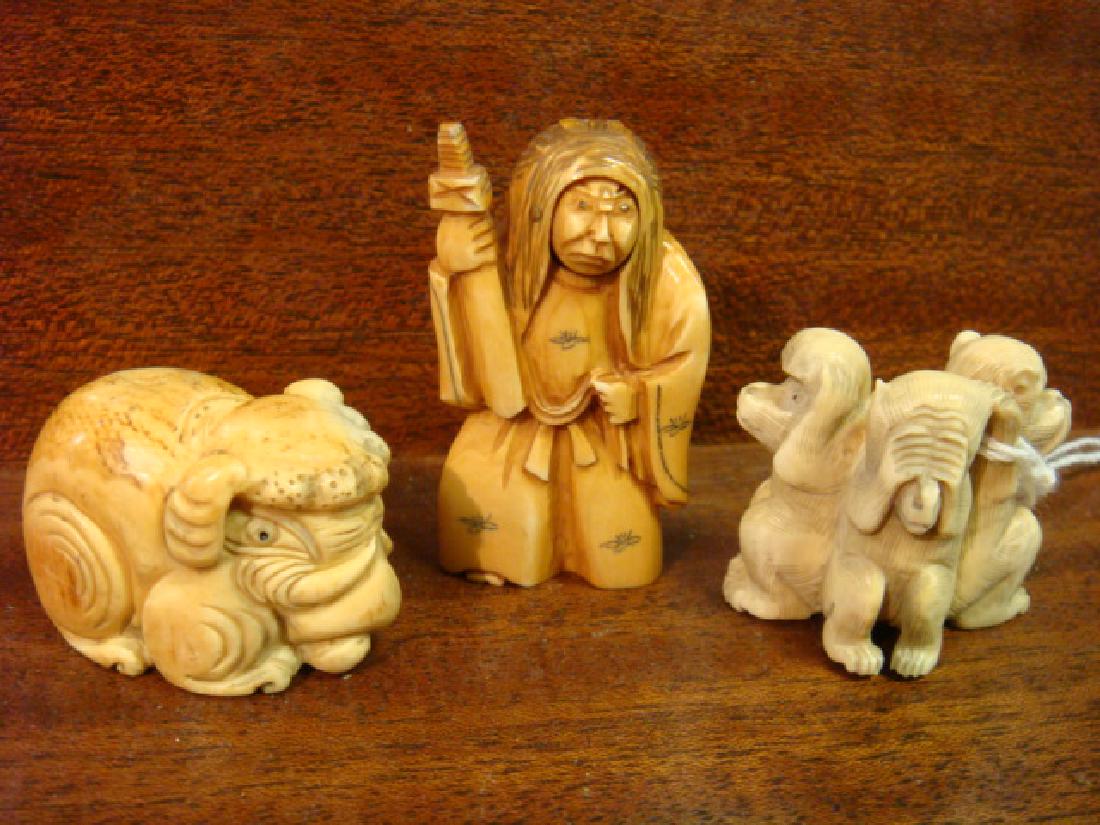 Three Animal and Warrior Netsukes:: Three Animal and Warrior Netsukes: Three Face Warrior with Sword, Monkeys See, Speak and Hear No Evil, Reclining Elephant/Rat Creature. These Netsukes are only for Sale in the Commonwealth of Virginia