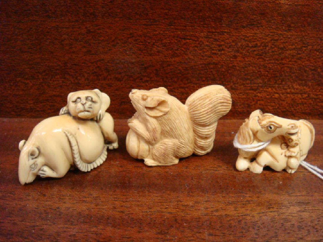 Three Animal Netsukes:: Three Animal Netsukes: Includes Squirrel with Nut, Reclining Horse with Rat and Rat with Loris. All Signed. These Netsukes are only for Sale in the Commonwealth of Virginia and will NOT be sold Inters