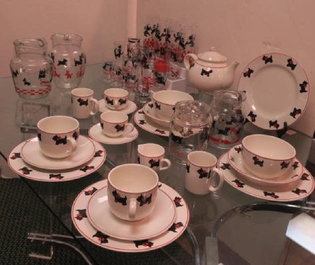 Collection of Scottie Dish and Glassware:: Collection of Scottie Dish and Glassware: 21 Pieces of Cook Line Paris Includes Five 10" Dinner Plates, 2 Soup Bowls (1 with Chip), 2 Cereal Bowls (1 with Rim Flakes), 2 Large Mugs with Saucers, 2 cup